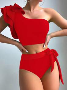 SHEIN Swim Summer Beach Ruffle Trim One Shoulder High Waisted Bikini - Red - View 3