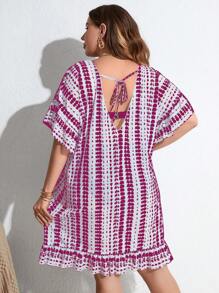 SHEIN Swim Curve Plus Tie Dye Batwing Sleeve Ruffle Hem Cover Up Dress - Hot Pink - View 2