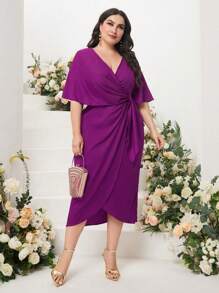 Modelyn Plus Solid Wrap Knot Side Dress - Red Violet - View 1