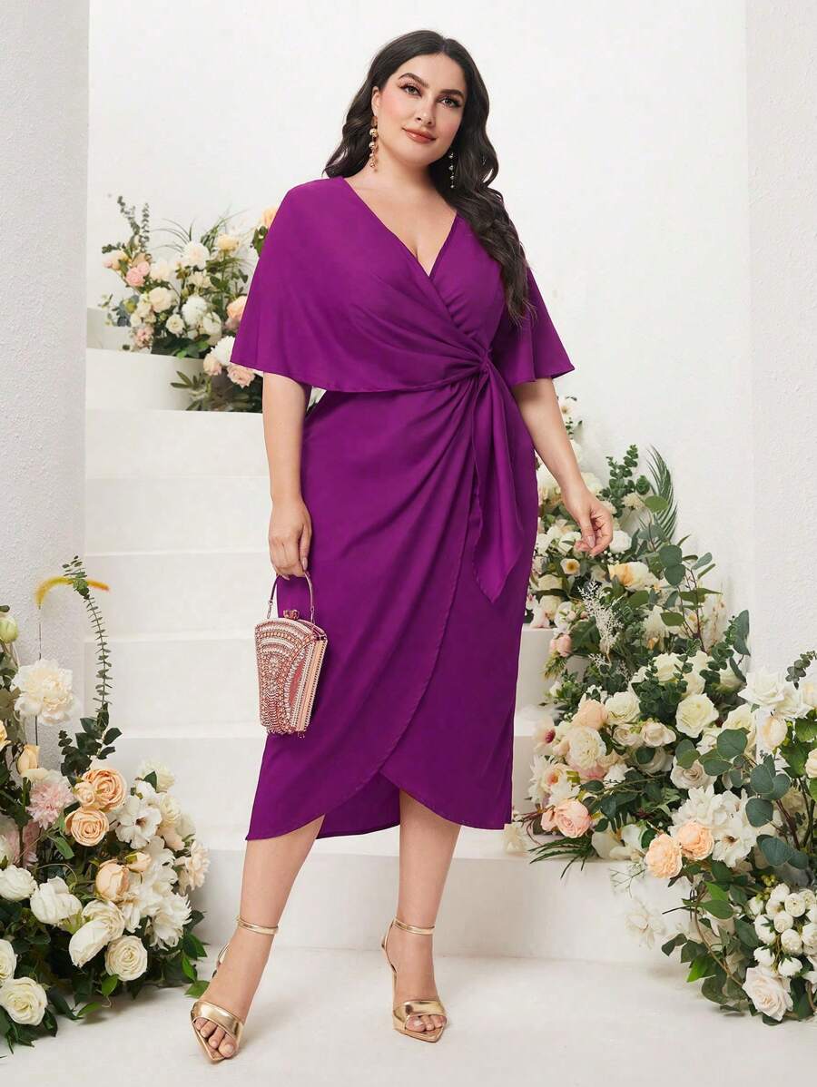 Modelyn Plus Solid Wrap Knot Side Dress - Red Violet - View 1