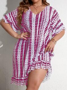 SHEIN Swim Curve Plus Tie Dye Batwing Sleeve Ruffle Hem Cover Up Dress - Hot Pink - View 3