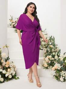 Modelyn Plus Solid Wrap Knot Side Dress - Red Violet - View 4