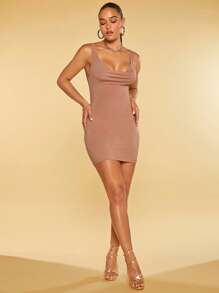 SHEIN BAE Chất rắn Không lưng Váy bodycon - Màu Khaki - Xem 3