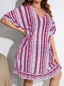 SHEIN Swim Curve Plus Tie Dye Batwing Sleeve Ruffle Hem Cover Up Dress - Hot Pink - View 7