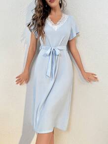 Ren tương phản Thắt lưng Váy ngủ - Màu xanh nhạt - Xem 6