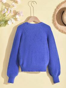 SHEIN Cô gái Tween Tay Raglan Đồ đan Ribbed Áo len Mở - Màu xanh lam - Xem 2