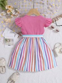 SHEIN Leap Crew Young Girl Striped Ruffle Trim Belted Dress - Multicolor - View 2