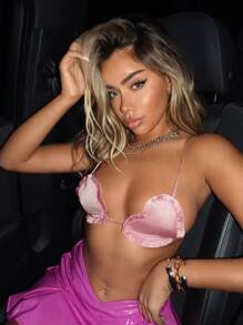 SHEIN ICON Frill Trim Backless Crop Satin Cami Top - Pink - View 5