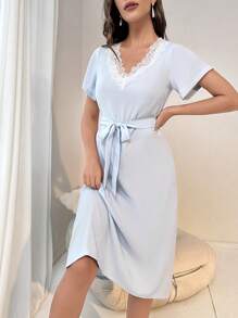 Ren tương phản Thắt lưng Váy ngủ - Màu xanh nhạt - Xem 4