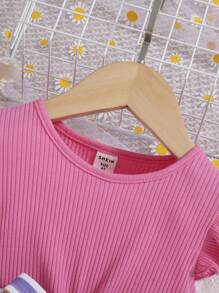 SHEIN Leap Crew Young Girl Striped Ruffle Trim Belted Dress - Multicolor - View 3