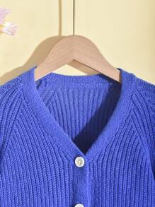 SHEIN Cô gái Tween Tay Raglan Đồ đan Ribbed Áo len Mở - Màu xanh lam - Xem 5