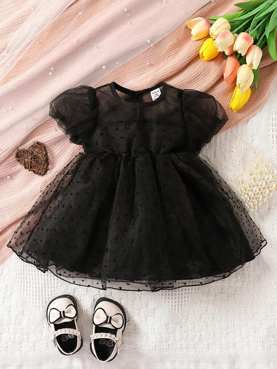 SHEIN Baby Girls' Black Mesh Lace Dress With Mystery Elegant Jacquard, Pleated Hem, Bow Knot And Cap Sleeve - Black - View 1