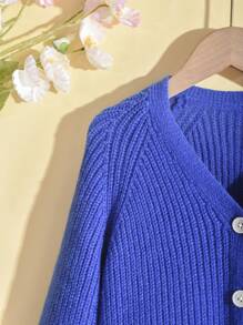 SHEIN Cô gái Tween Tay Raglan Đồ đan Ribbed Áo len Mở - Màu xanh lam - Xem 6