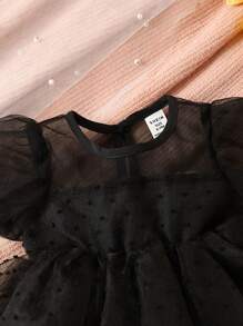 SHEIN Baby Girls' Black Mesh Lace Dress With Mystery Elegant Jacquard, Pleated Hem, Bow Knot And Cap Sleeve - Black - View 3