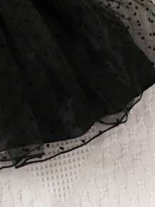 SHEIN Baby Girls' Black Mesh Lace Dress With Mystery Elegant Jacquard, Pleated Hem, Bow Knot And Cap Sleeve - Black - View 5