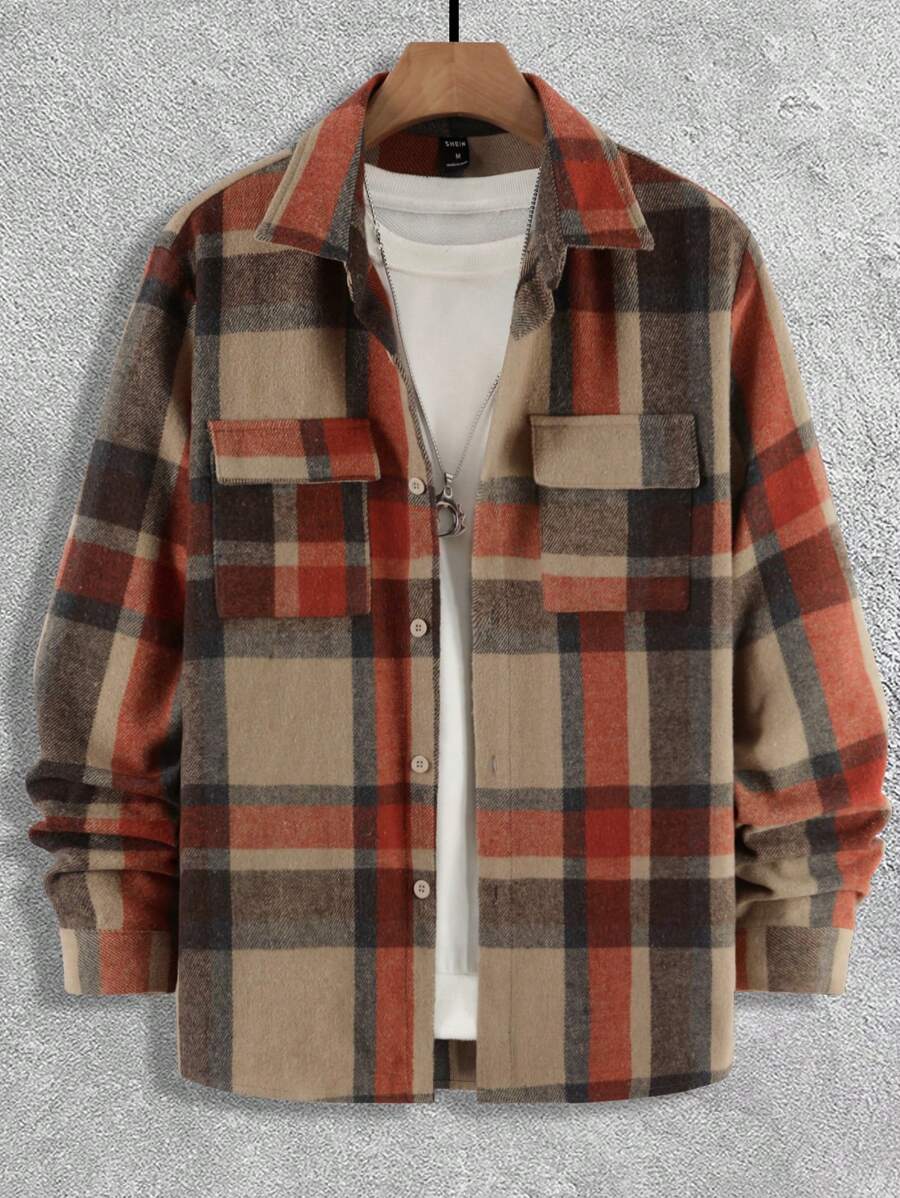 Manfinity Hypemode Men Plaid Print Flap Pocket Overcoat Without Tee - Multicolor - View 1