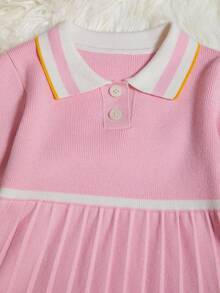 SHEIN 女小童拼接邊Polo領百褶下擺毛衣洋裝 - 粉色 - 查看 3