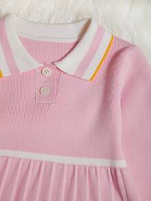 SHEIN 女小童拼接邊Polo領百褶下擺毛衣洋裝 - 粉色 - 查看 5