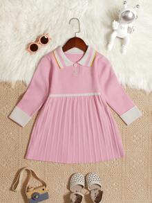 SHEIN 女小童拼接邊Polo領百褶下擺毛衣洋裝 - 粉色 - 查看 6