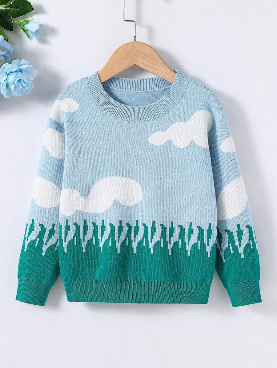 SHEIN Young Girl Cloud Pattern Drop Shoulder Jumper - Baby Blue - View 1