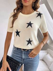 SHEIN LUNE Star Pattern Knit Top - Beige - View 4