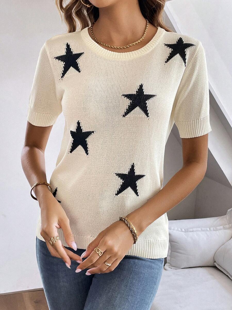 SHEIN LUNE Star Pattern Knit Top - Beige - View 1