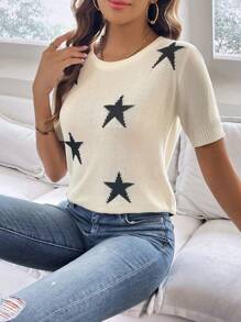 SHEIN LUNE Star Pattern Knit Top - Beige - View 3