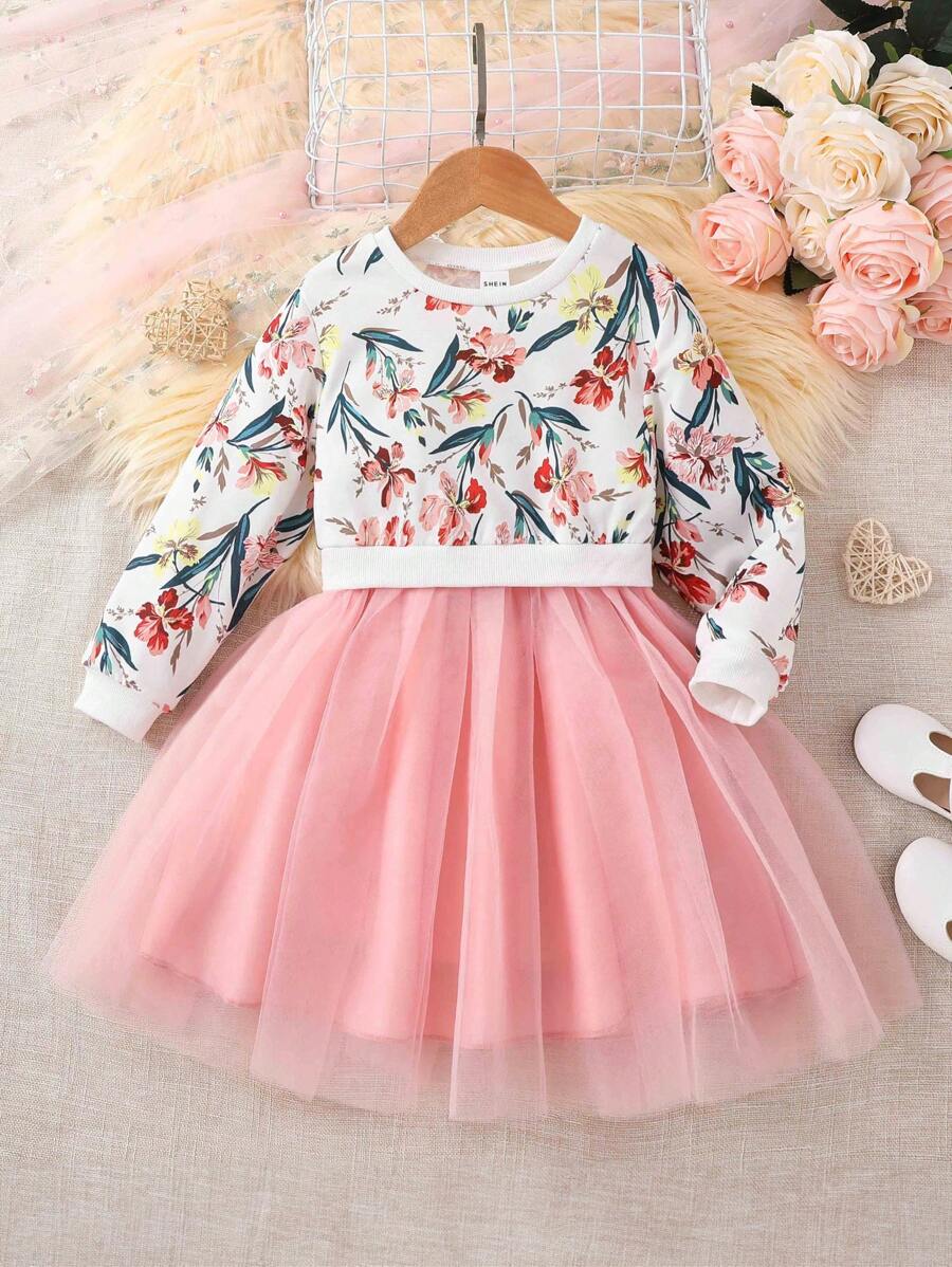SHEIN Young Girl Floral Print Mesh Hem Dress