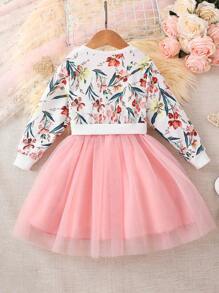 SHEIN Young Girl Floral Print Mesh Hem Dress