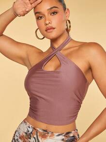 SHEIN BAE 側收褶十字交叉掛脖上衣 - 藕粉色 - 查看 1