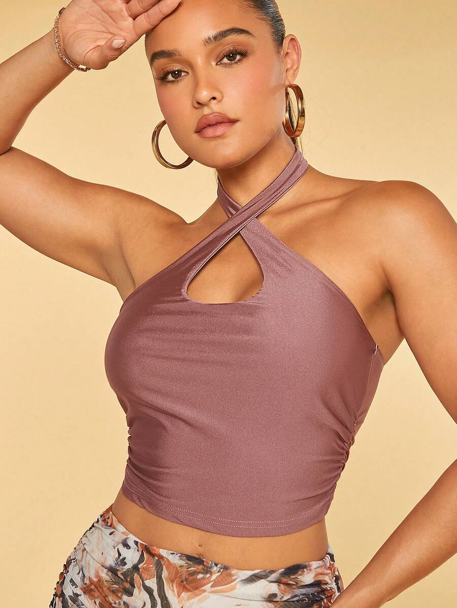 SHEIN BAE 側收褶十字交叉掛脖上衣 - 藕粉色 - 查看 1