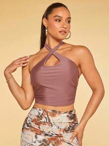 SHEIN BAE 側收褶十字交叉掛脖上衣 - 藕粉色 - 查看 4