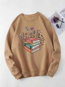 SHEIN EZwear 大碼書和印花加絨內裏運動衫 - 棕色 - 查看 1