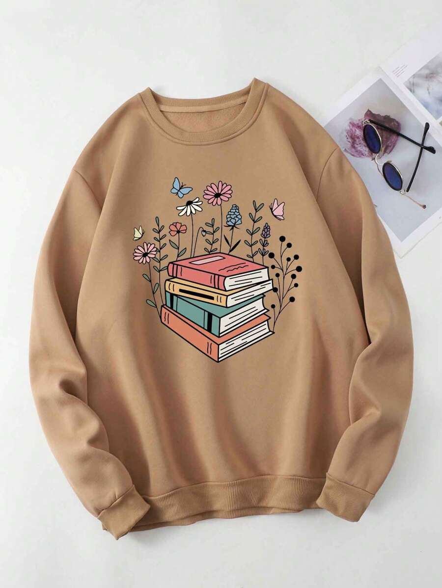 SHEIN EZwear 大碼書和印花加絨內裏運動衫 - 棕色 - 查看 1