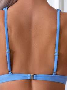 SHEIN Swim màu trơn Cổ v Bộ đồ bơi Bikini - Màu xanh lam - Xem 3