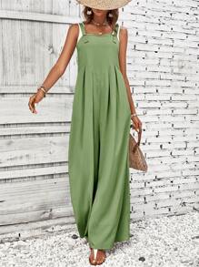 SHEIN LUNE Solid Wide Leg Cami Jumpsuit - Green - View 6