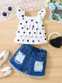 SHEIN Baby Girl Polka Dot Print Layered Hem Top & Ripped Raw Cut Denim Shorts - Multicolor - View 1