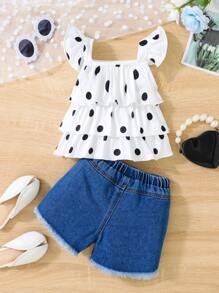 SHEIN Baby Girl Polka Dot Print Layered Hem Top & Ripped Raw Cut Denim Shorts - Multicolor - View 2
