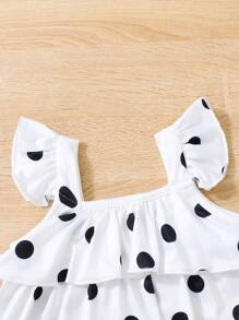 SHEIN Baby Girl Polka Dot Print Layered Hem Top & Ripped Raw Cut Denim Shorts - Multicolor - View 3