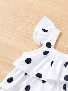 SHEIN Baby Girl Polka Dot Print Layered Hem Top & Ripped Raw Cut Denim Shorts - Multicolor - View 4