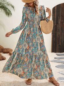 Breezaya 佩斯利印花系带领口荷叶边下摆长款度假海滩装女式连衣裙 - 彩色 - 查看 1