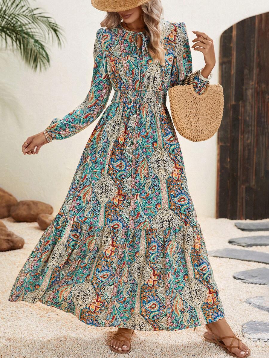 Breezaya 佩斯利印花系带领口荷叶边下摆长款度假海滩装女式连衣裙 - 彩色 - 查看 1