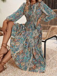 Breezaya 佩斯利印花系带领口荷叶边下摆长款度假海滩装女式连衣裙 - 彩色 - 查看 5