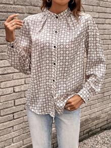 SHEIN Clasi 滿版印花前紐扣緞面襯衫