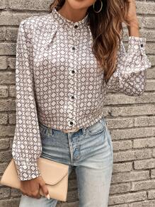 SHEIN Clasi 滿版印花前紐扣緞面襯衫