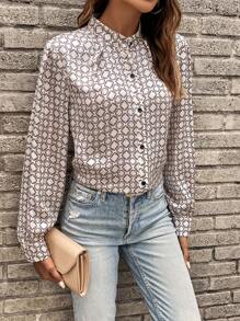 SHEIN Clasi 滿版印花前紐扣緞面襯衫