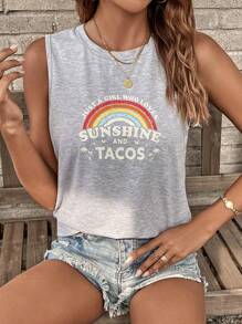 SHEIN LUNE Đồ họa cầu vồng và khẩu hiệu Áo ba lỗ - Màu Xám nhạt - Xem 3