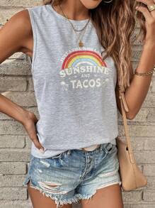 SHEIN LUNE Đồ họa cầu vồng và khẩu hiệu Áo ba lỗ - Màu Xám nhạt - Xem 4