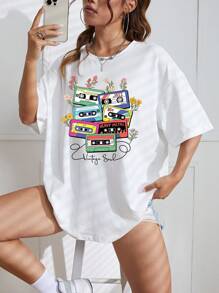 SHEIN EZwear Audiotape And Letter Graphic Drop Shoulder Tee - White - View 3