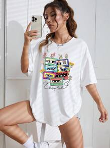 SHEIN EZwear Audiotape And Letter Graphic Drop Shoulder Tee - White - View 4